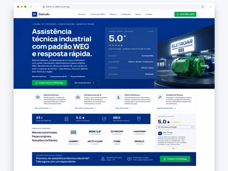 Prévia do site EletroAr Motores, projeto de assistência técnica industrial com padrão WEG